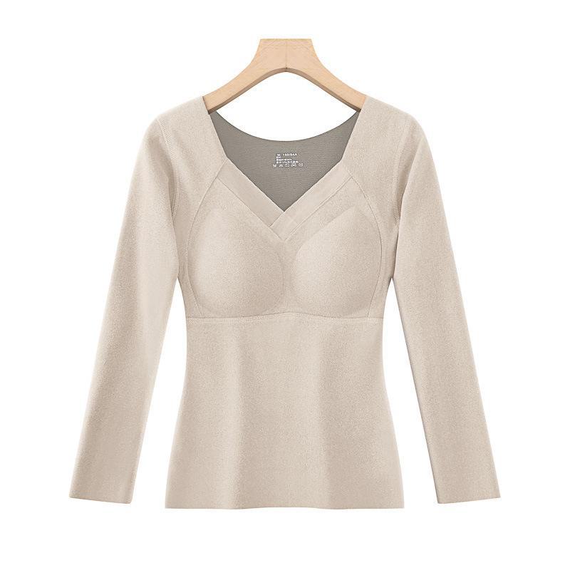 Women's Double-Sided Velvet Self-Heating Top with Fixed Cups, Thickened Waist, Long Sleeves - Warm Autumn Shirt.