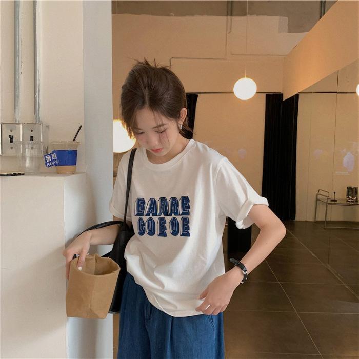

Design top summer Korean front shoulder letter print white short-sleeved t-shirt women s summer pure cotton loose t-shirt S