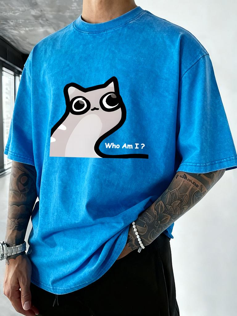 Who Am I Cat Printed Washed TShirt Mens Running Cotton T Shirts Crewneck Oversized Clothes Summer Soft Man Short Sleeves