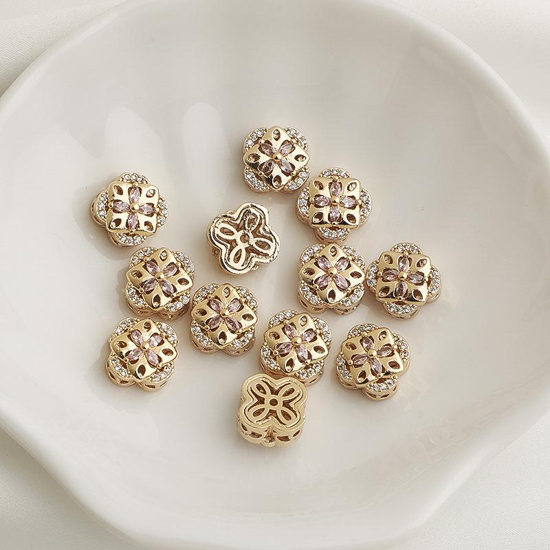 14K Gold Plated Zircon Gourd Spacer Beads & Four-Leaf Clover Crystal Necklace Bracelet DIY Jewelry Accessories