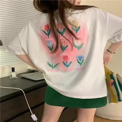 Tricou pentru femei cu design cu graffiti, dragoste coreeană, cu imprimeu de flori, tricou cu mâneci scurte, vară, drăguț, cu gât rotund