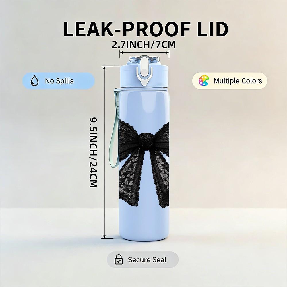 1PC Simple Large Black Coquette Bow 750ml Color Plastic Sports Water Bottle Leakproof Flip Straw Lid Suitable for Sports Office Home Use