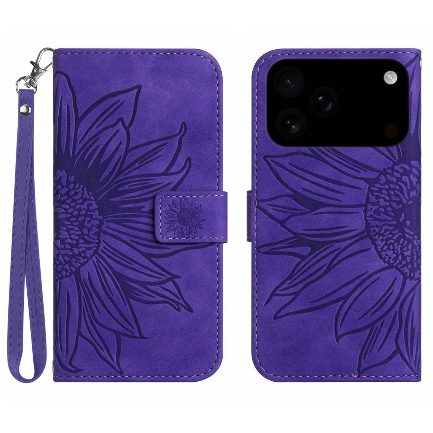 

For iPhone 17 Pro Max Case Sunflower Imprint Leather Wallet Phone Cover with Wrist Strap J