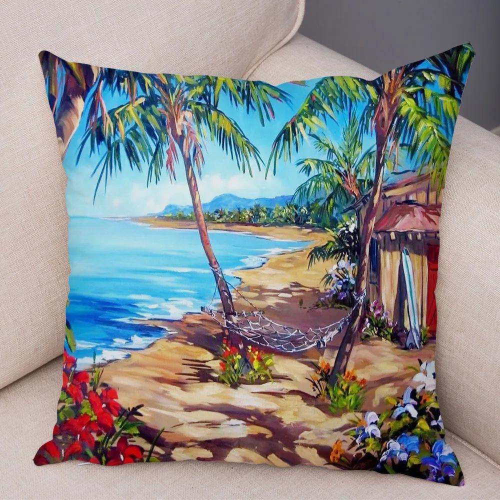 Vintage Colorful Style Coconut Tree Pillow Cover Country House Landscape  Sofa Car Office Cushion  Home Decor