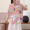Johnature Women Vintage Print Floral Shirts Tops Turn-down Collar Seven Sleeve Blouses Summer Chinese Style Shirts