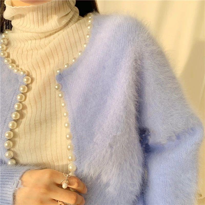 Herbst Winter Mode Damen Perlenstrick Laternenärmel Nerzfleece Pullover Cardigan Jacke Damen Oberbekleidung