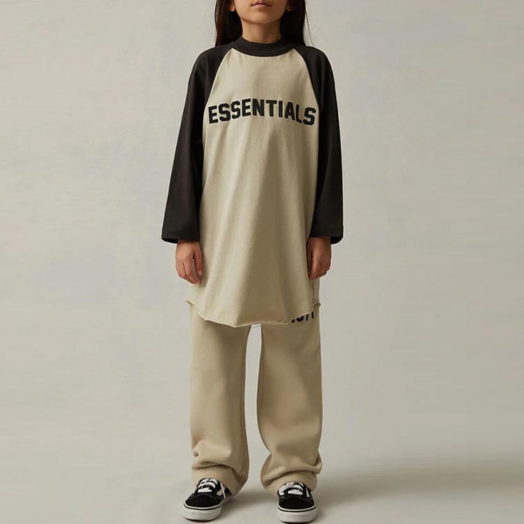 Fear Of God Essentials Kids Baseball T-Shirt Wheat SS22 Letter Flocked Logo Round Neck Pullover Long Sleeve T-Shirt Kids Tops FOG-SS22-999