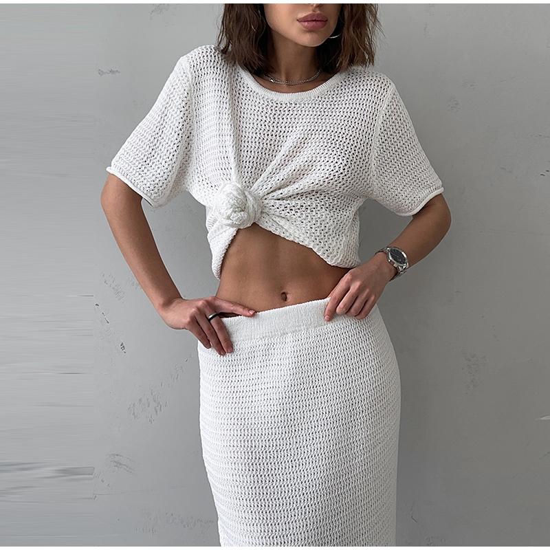 Women's Casual Suit Short Sleeved Hollowed Out Top Knitted Half Skirt Set Solid Color Versatile Summer Refreshing Wearing Temperament Elegant Dress