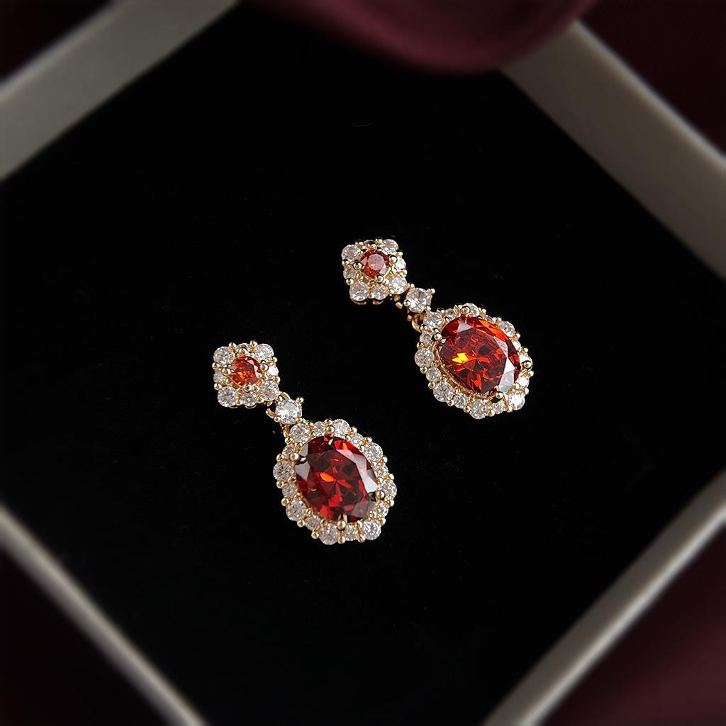 Vintage Zircon Red Court Style 925 Silver Earrings with 14K Gold Plating