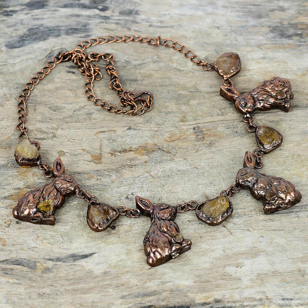 Citrine rough necklace electroformed copper adjustable chain necklace handmade jewelry rabbit necklace for gifts original gemstone jewelry