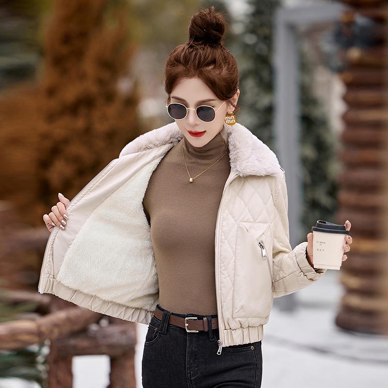 Women's Winter Korean Style PU Leather Coat with Fleece Lining and Fur Collar