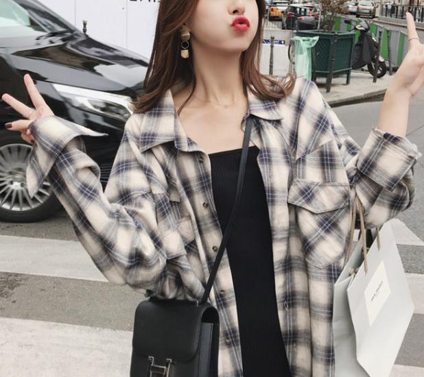 Chic Harajuku Rutig Skjorta - Dam Koreansk Retrostil, 2025 Vår Långärmad Hongkong-Inspirerad Lös Jacka