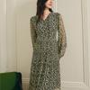 JIUZI ANNACO Women's V-Neck Printed Pleated Chiffon Dress