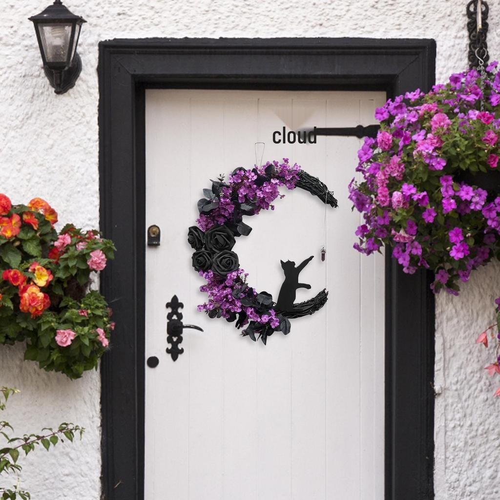 Port of Love Halloween Cat Moon Wreath - Crescent Vine Door & Wall Decor