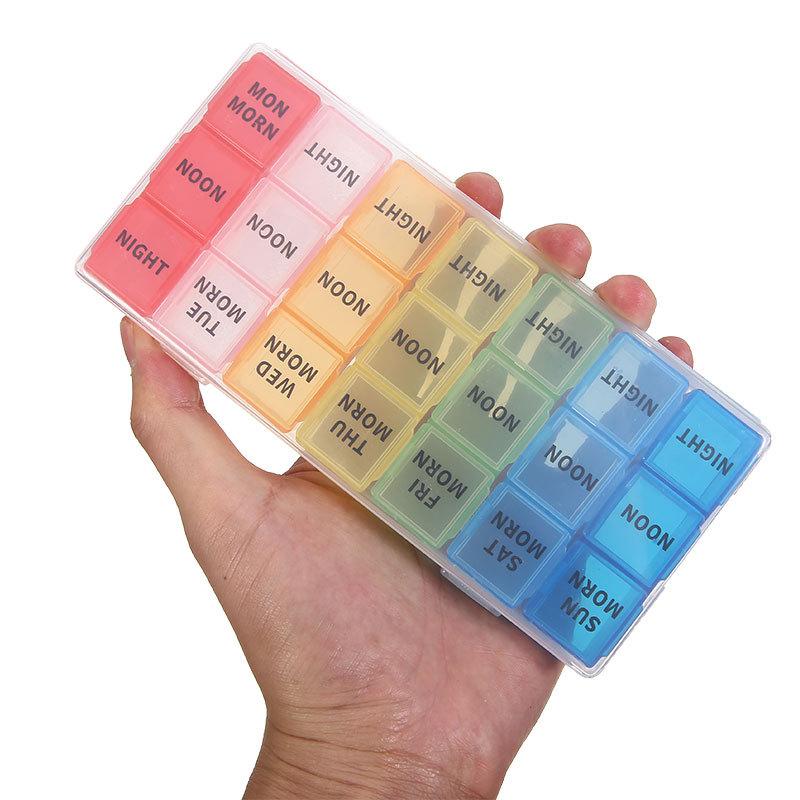 

Colorful Portable One Week Medicine Box Travel Storage Box Can Be Divided Into 21 Compartments, With One Row Per Day