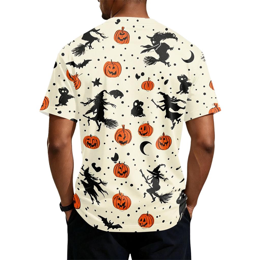 Men's Halloween Short Sleeve Henley Shirt Pumpkin and Bat Print Casual Lightweight Breathable Top for Seasonal Wear