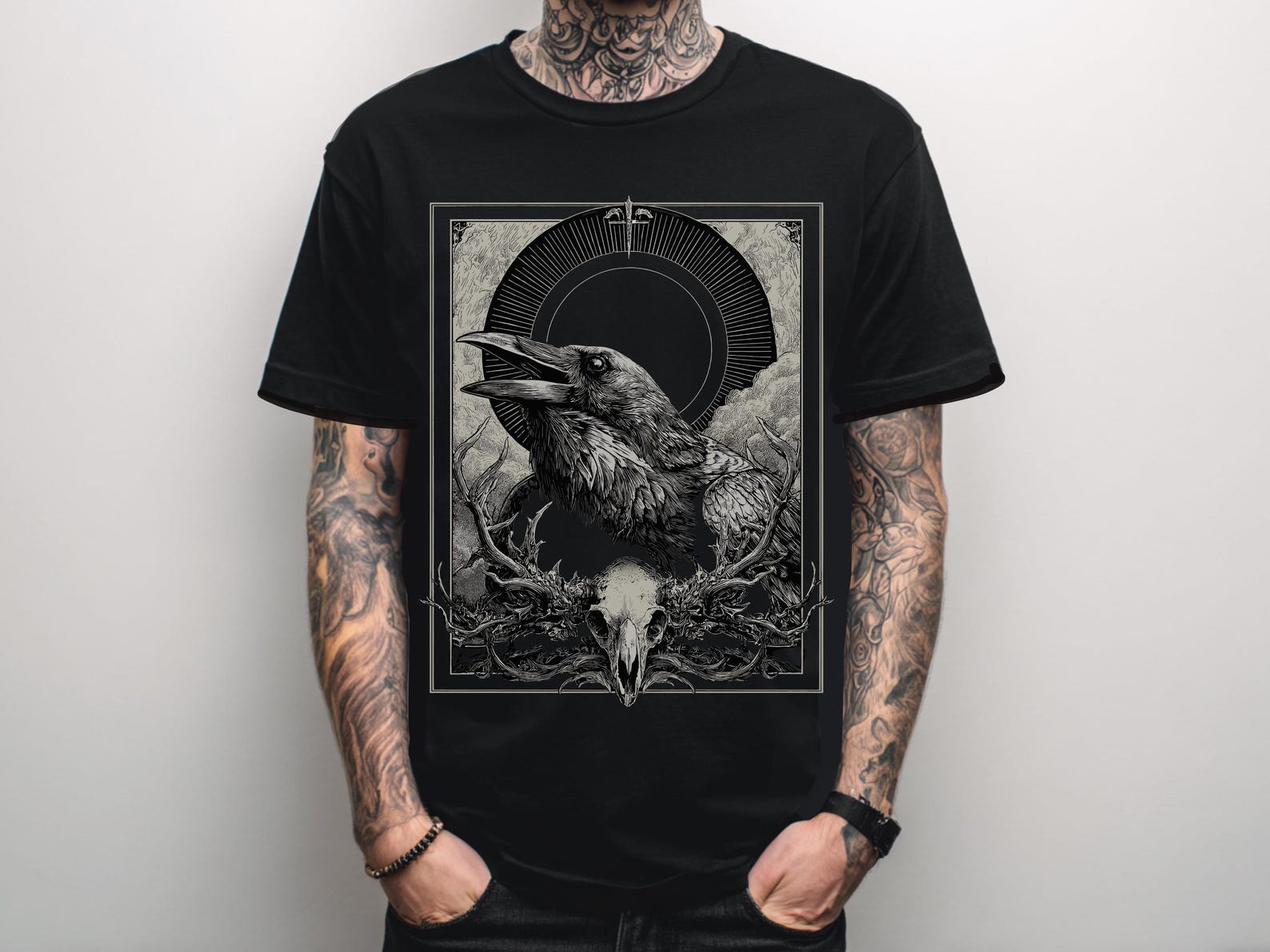 Unisex Gothic Raven Skull T-Shirt, Witchy Goth Graphic Shirt, Alternative Punk Clothing, Heavy Metal Shirt, Goth Gift For Him Her 2XL