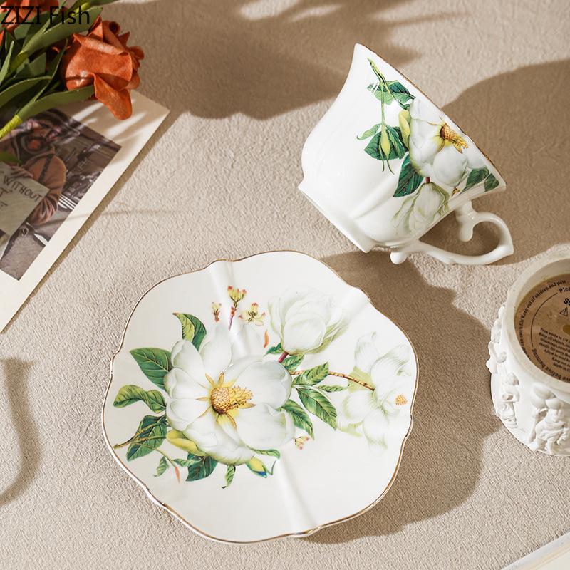 Elegant Camellia Painted Mugs Porcelain Cup&saucer Tableware Coffee Mug Dining Table Afternoon Tea Teacup Fruits Juice Cup