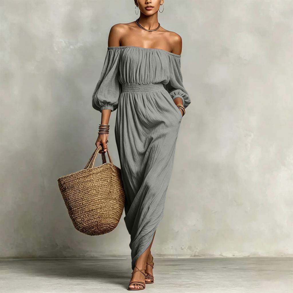 Vestido Casual de Color para Mujer con Hombros Descubiertos para Vacaciones