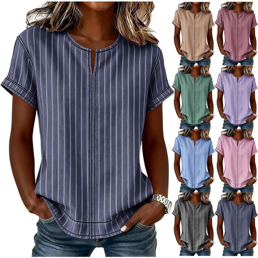 Women's Casual Loose Fit Short Sleeve T-Shirt with Round Neck Vertical Stripe Pattern Comfortable Lightweight Top for Everyday Wear