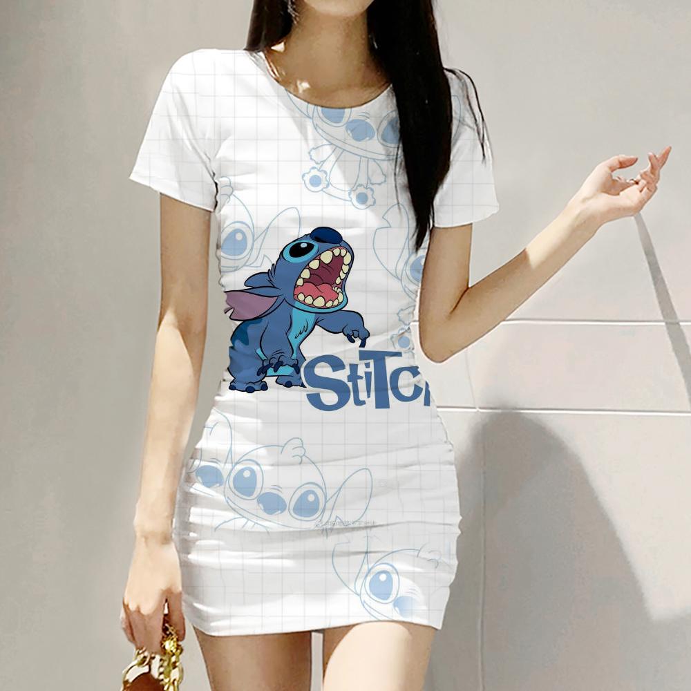 2026 Summer Disney Stitch 3D Cartoon Printed Girl Dress Short Sleeve Women's/Adult Parent-Child Dress Kawaii Beach Party Dress