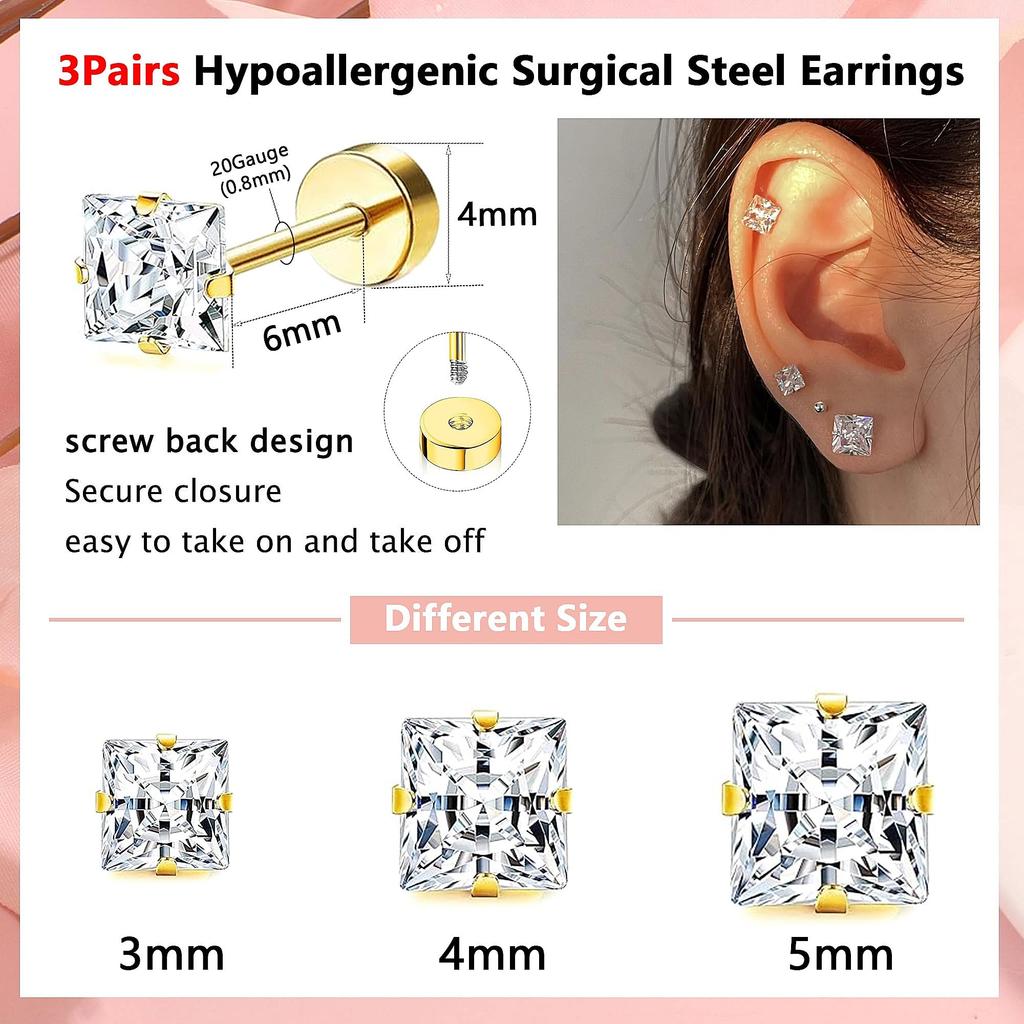 Square Cubic Zirconia Stud Earrings Set, 3mm 4mm 5mm, 14K Gold Filled Surgical Steel Flat Back Hypoallergenic Jewelry for Men Women Sensitive Ears