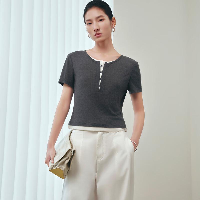 Sancai Women's Short Sleeve Fake Two-Piece T-shirt