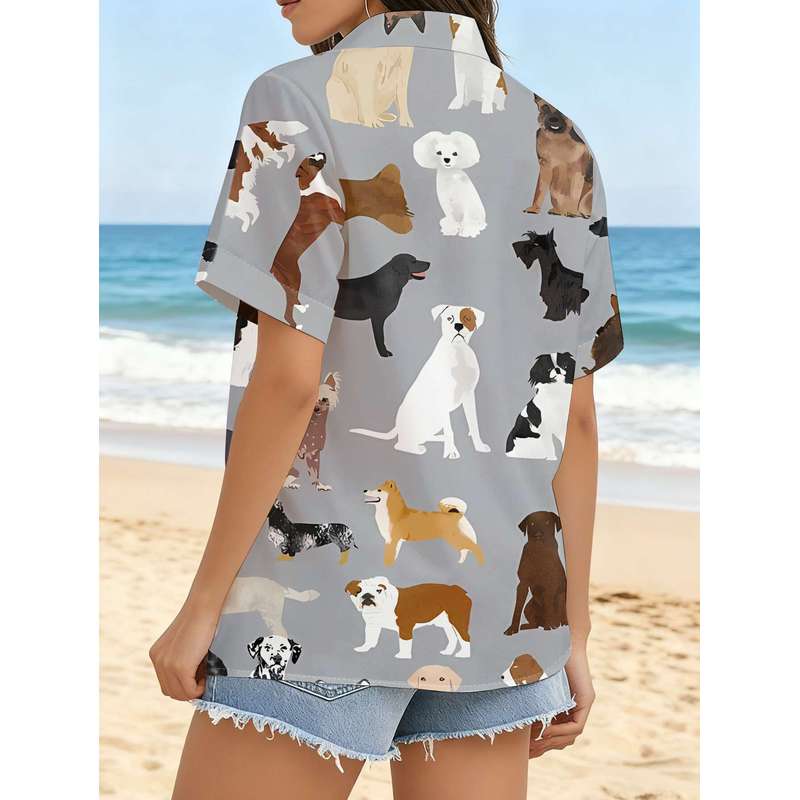 Women Casual Short Sleeve Shirt with Assorted Dog Cartoon Patterns Cute Button Up Shirt Machine Washable Fashion Top