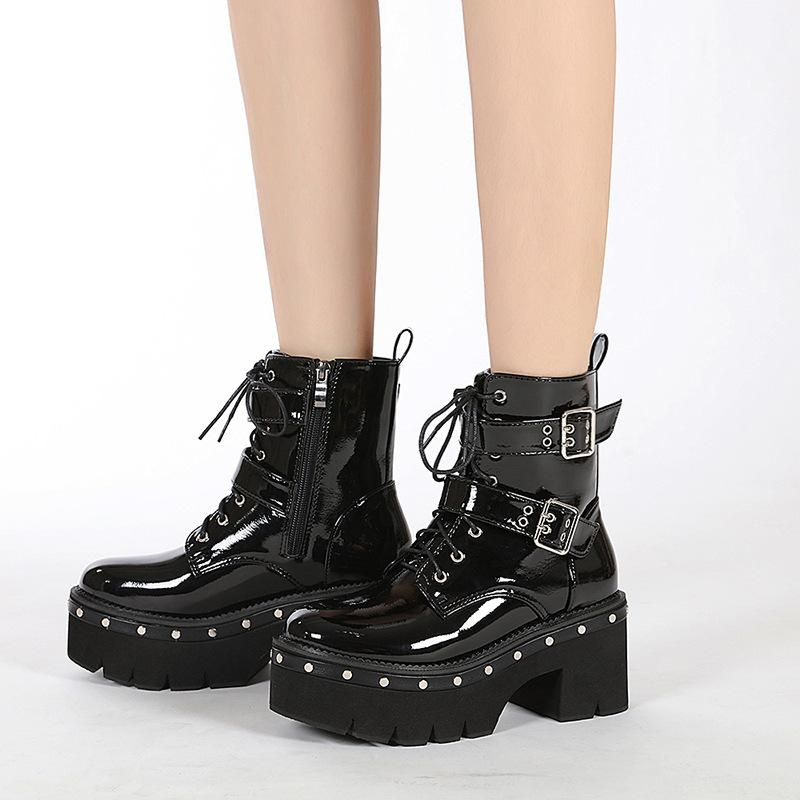 7.5cm  Big Size 43 Platform Chunky Heel Zipper Goth Motorcycle Boots Women Black Fashion Punk Cool Combat Ladies Shoes