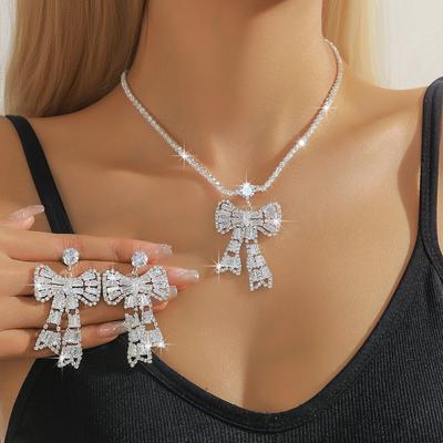 Sweet Light Luxury Style Diamond-Encrusted Zircon Bow Necklace Earrings Set Niche High-End Elegant Earrings Women