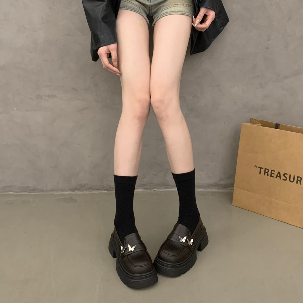 Retro Polished Small Leather Shoes Women's 2025 Spring New British Style Butterfly Versatile Thick Heel Platform Heightening Loafers