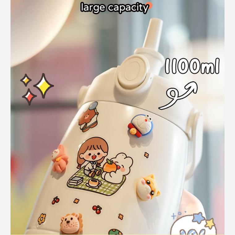 Thermos Cup Large-capacity with Straw& Strap-Food Grade Environmentally Friendly Material 1.1L Water Bottle for Women Men Lar