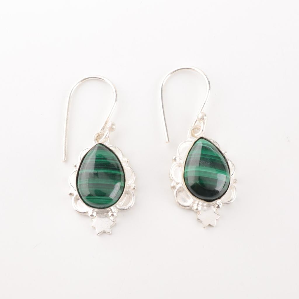 Malachite Gemstone 925 Fine Silver Jewelry Handmade Women Earrings 1.6" For Gift EE-163-28