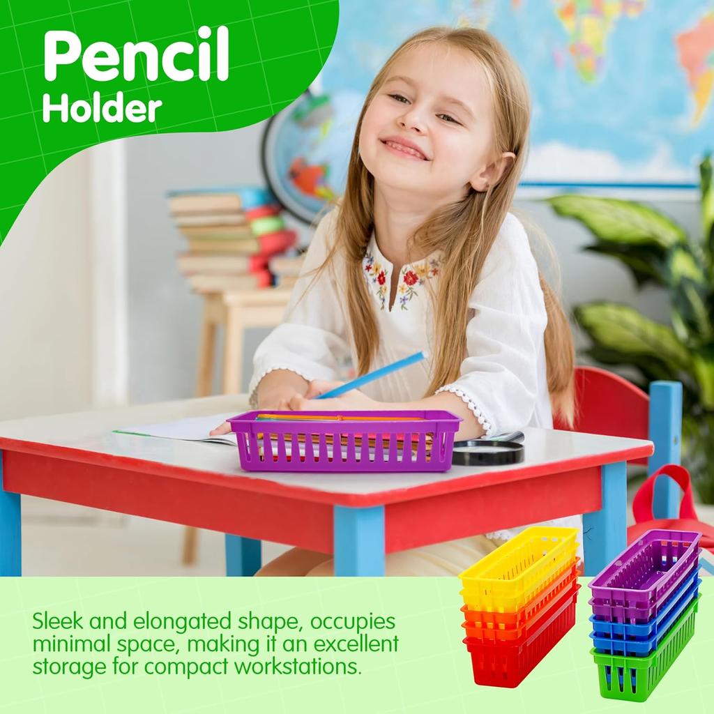 4E's Novelty 12 Pack Pencil Holder for Kids Desk, Colorful Plastic Pen Baskets Tray for Organizing Classroom Supplies, Plastic Caddy for Desk and