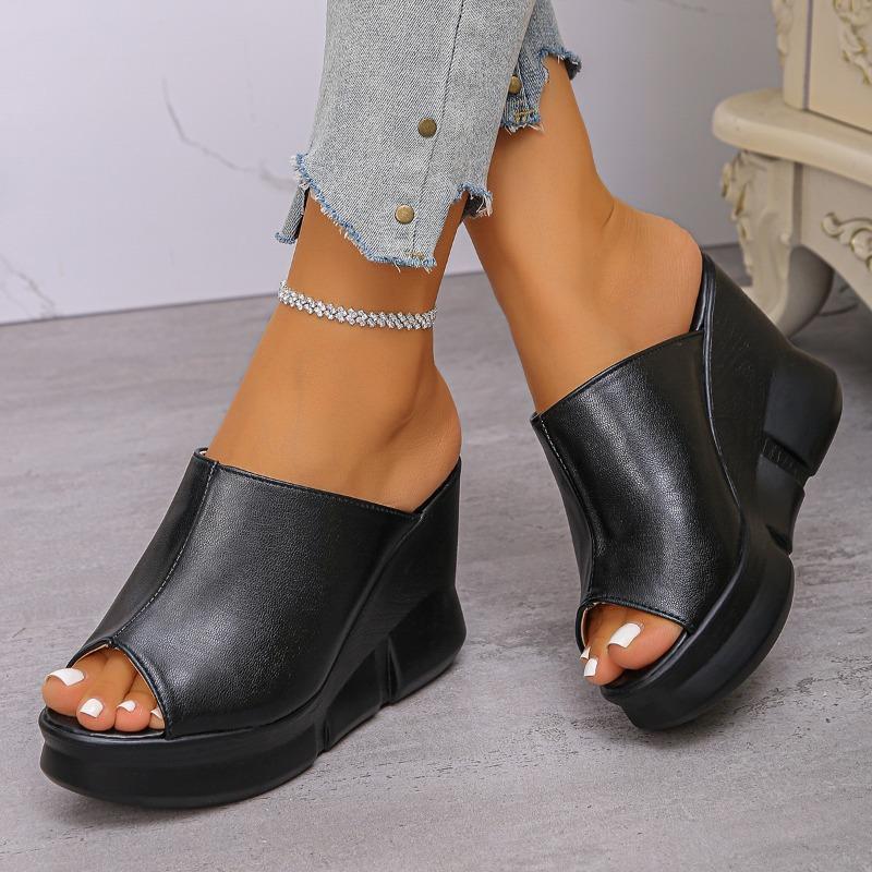 Fashion Super High Heel Fish Mouth Slippers Summer New Round Toe Open Toe Platform Anti-slip Wear-resistant Wedge Heels