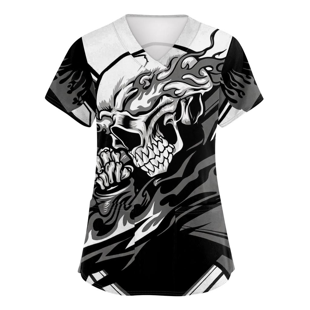 Women's Halloween Print Scrub Top V-Neck with Pockets Comfortable Fit for Work and Costume