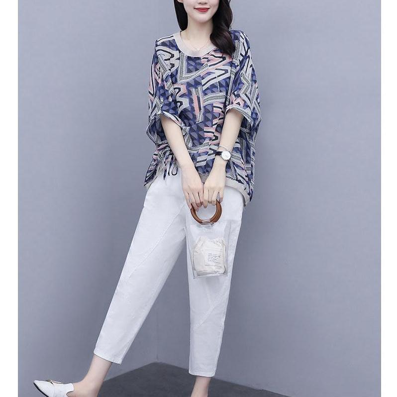 Women's Plus Size Casual Stylish Two-Piece: Five-Sleeve Print T-shirt & Nine-Point Pants Set