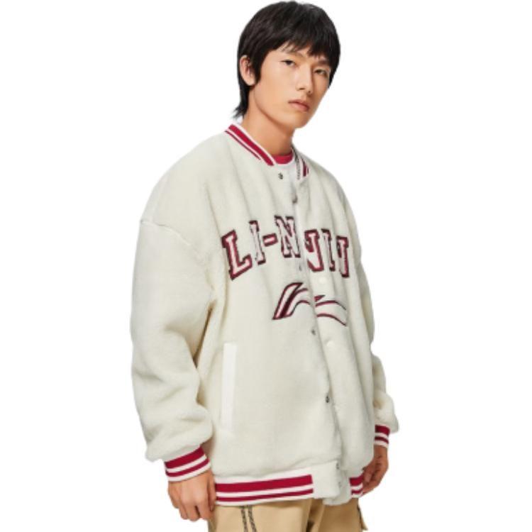 Li Ning Color Block Trim Stripes Letter Logo Sherpa Fleece Lined Jacket Unisex Ivory AFDSD31-1