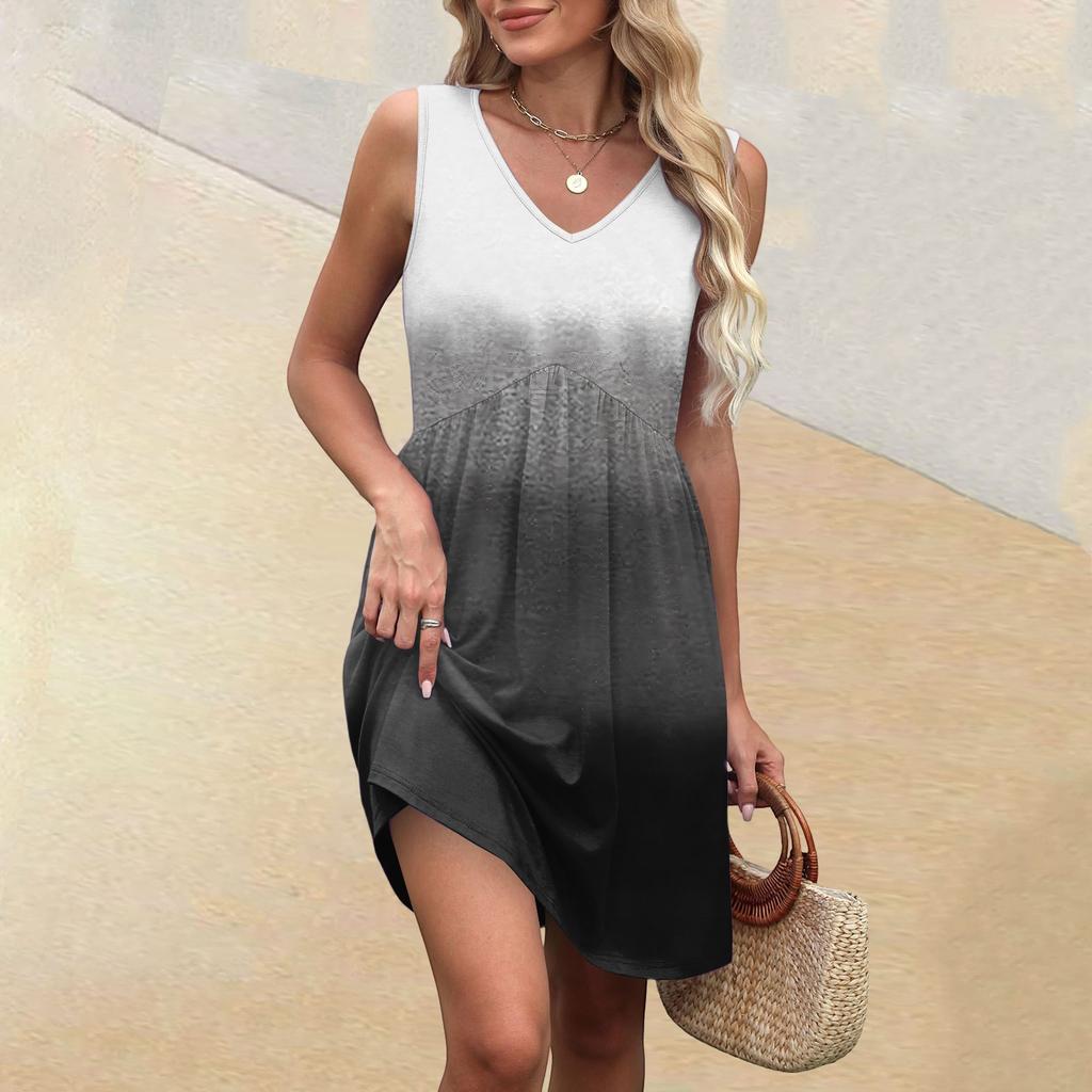 Women's Summer V-neck Casual Beach Vacation Style Gradient Sleeveless Patchwork Dresses