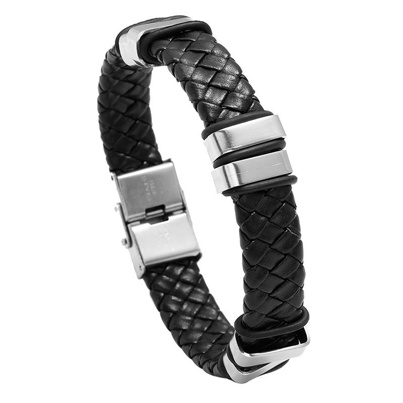 Mens Unique PU Leather Braided Bangle Leather Cuff Bracelets with Stainless Steel Clasp for Men and Women чёрный