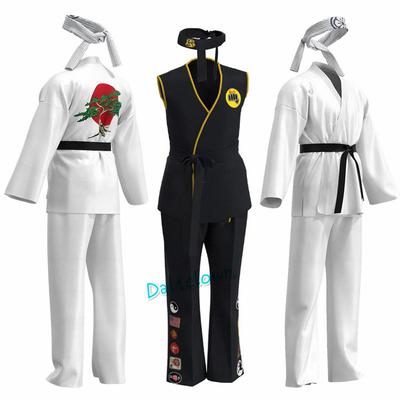Karate Çocuklar KOF Cobra Kai Cosplay Kostümü Çocuk Yetişkin Siyah Beyaz Kimono Üniforma Kafa Bandı Anime Cadılar Bayramı Partisi Takım Elbise Eşofman
