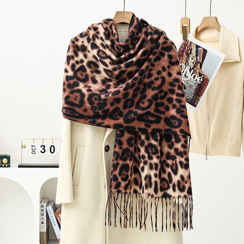 Womens Lightweight Faux Cashmere Scarf With Leopard Print - Korean Style Winter Shawl Soft Draping Wrap