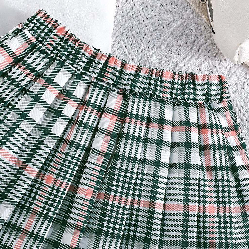 2PCS Baby Girl Sleeveless Shirt & Plaid Pleated Skirt Set, Preppy Style Casual Outf