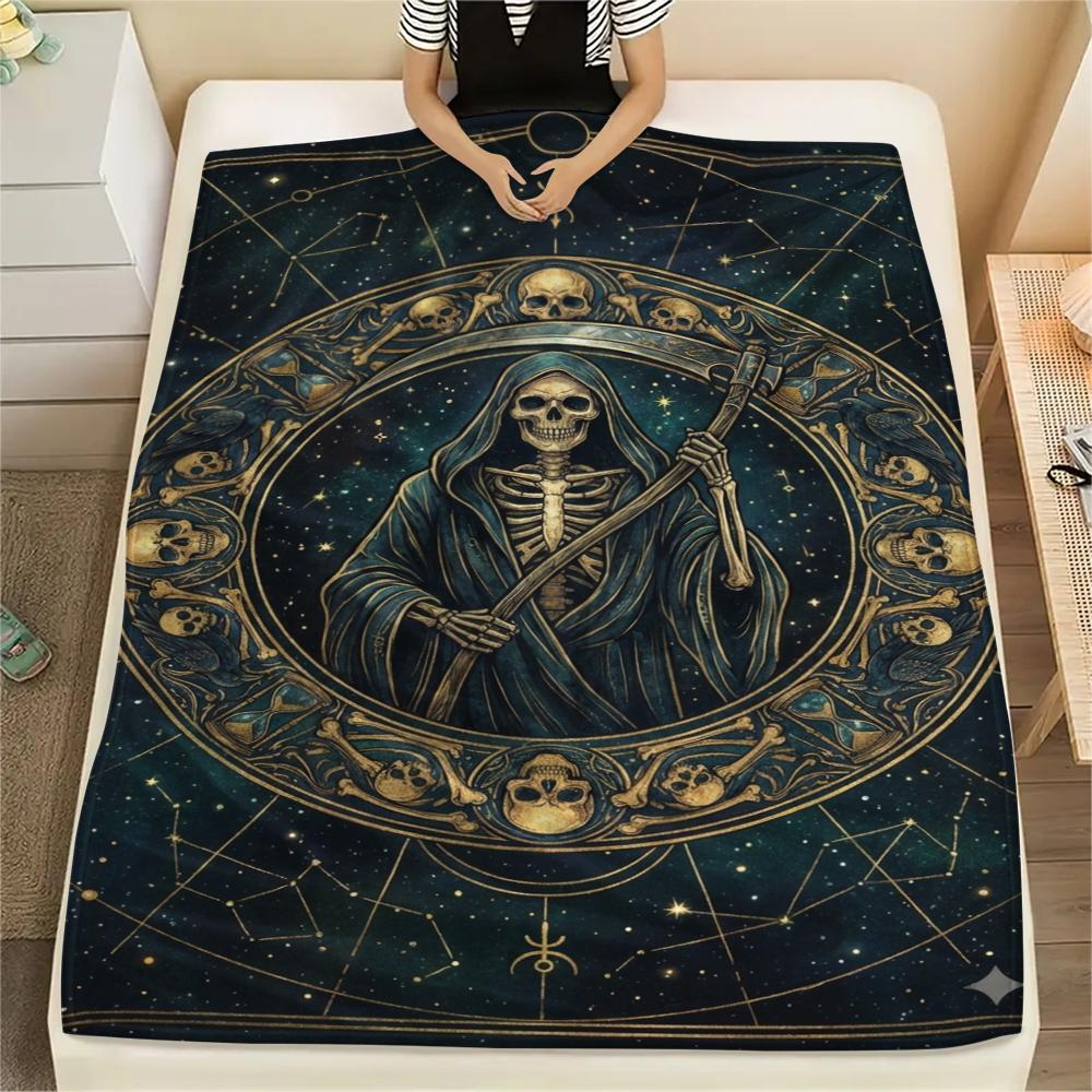1Pc Death Print Flannel Blanket, High quality Comfortable for All Seasons, Home Decor, Warmth and Comfort, Perfect for Christmas Gifts W155