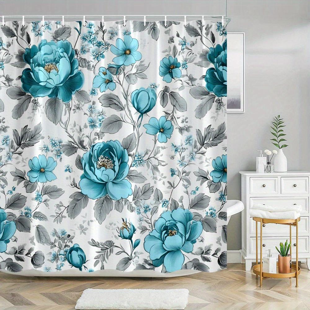 

1 шт. Синие Цветы Желтое Сердце Серые Цветы Зеленые Листья Белый Фон Реалистичный Цифровой Цветочный Узор Занавеска для Душа 90X180cm