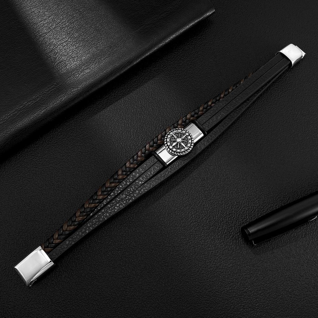 E-commerce Leather Bracelet Men's Stainless Steel Personalized Design Octagonal Star Multi-layer Woven Titanium