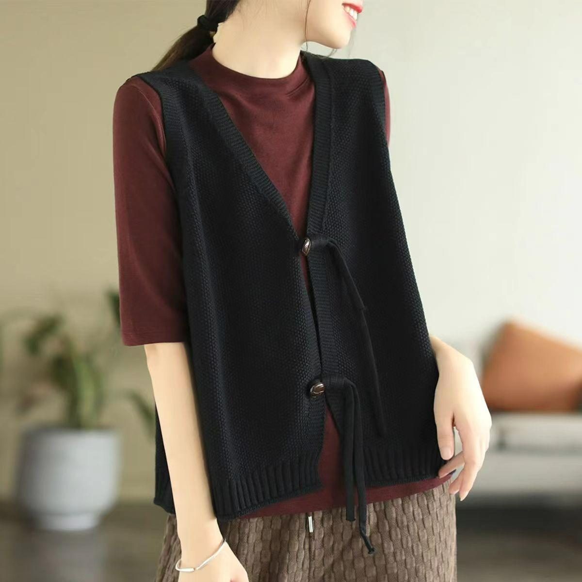 

Large Size Retro Literary Cotton Knit Vest Vest Women s Spring and Autumn Loose Sweater Waistcoat Buckle Waistcoat Outer Wear 3XL чорний