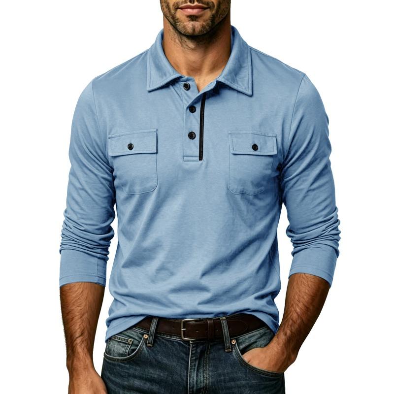 Men Long Sleeve Pocket Lapel Collar Casual Polo Shirt Outdoor Leisure Mens Top