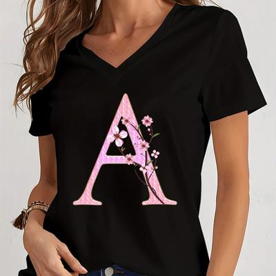 English Letters T-Shirts 3D Print Women Short Sleeve T Shirt V-Neck Streetwear Oversized Harajuku Female Tees Top Clothing