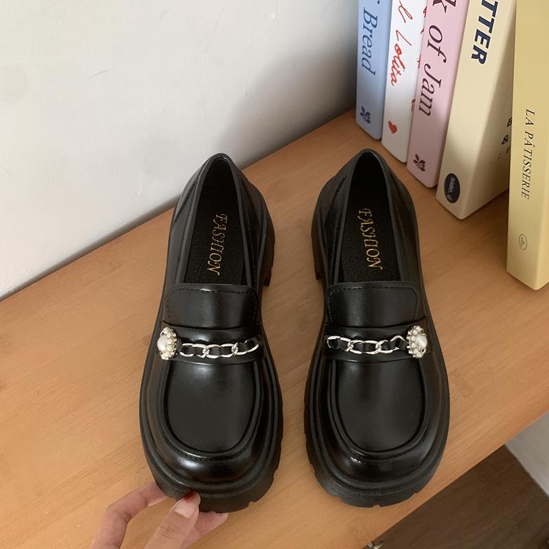 Women'S Fashion Thick Heel Shoes Spring New Round Head Deep Mouth Metal Chain Thick Sole Anti-Slip Wear-Resistant High Heels